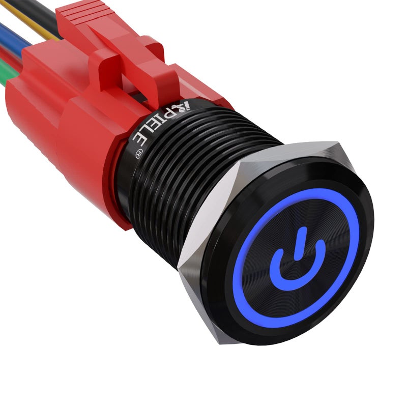 APIELE 16mm Latching Push Button Switch 063 12V Power Symbol Ring Led Car Metal with Socket Plug 1NO1NC SPDT ONOff BlueBlack Shell - Image 2
