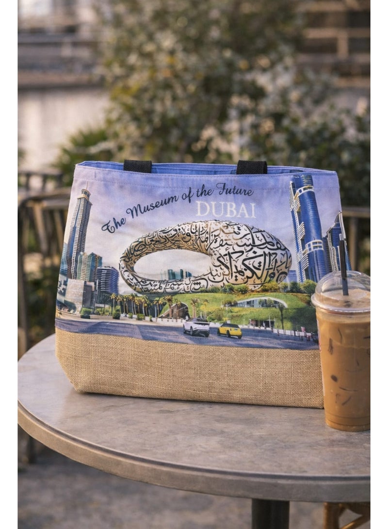 SUNSTAR Dubai Museum of the Future Jute Tote Bag – Stylish Eco-Friendly Travel & Shopping Handbag - Image 3