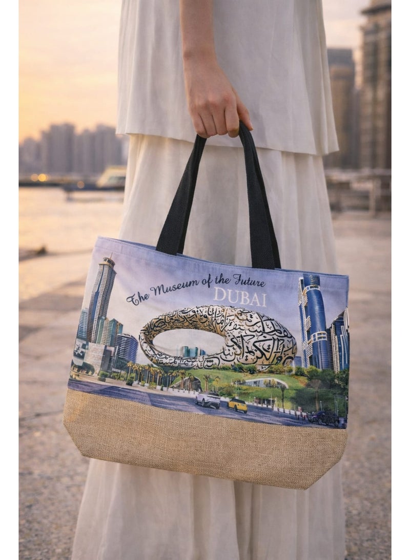 SUNSTAR Dubai Museum of the Future Jute Tote Bag – Stylish Eco-Friendly Travel & Shopping Handbag - Image 4