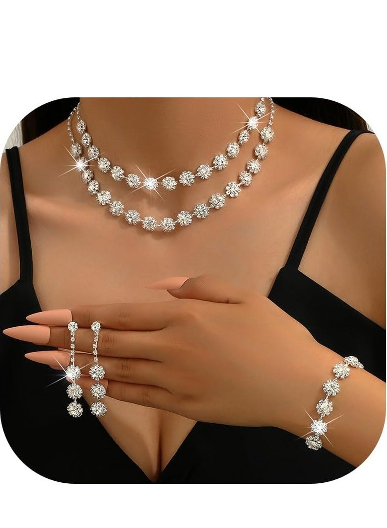 GNAFOTU 5 Piece Silver Bridal Jewelry Set, Include Rhinestone Necklace Bracelet Earrings, Brides Bridesmaid Prom Costume Accessories, Wedding Bridesmaid Gifts fit with Wedding Dress - Image 1