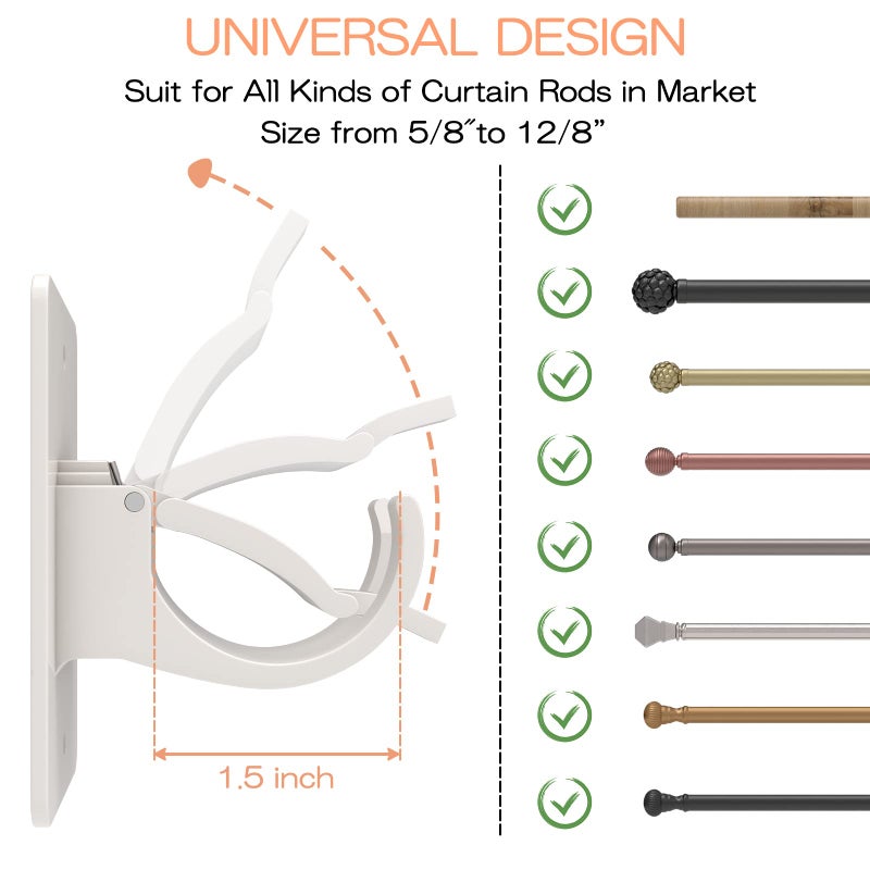 Wabboreq 4PCS No Drill Curtain Brackets, Self-Adhesive Rod Holders, Universal Plastic Nail Free Adjustable, Curtain Hooks for Rods Less Than 1.57 Inch Diameter (White) - Image 2