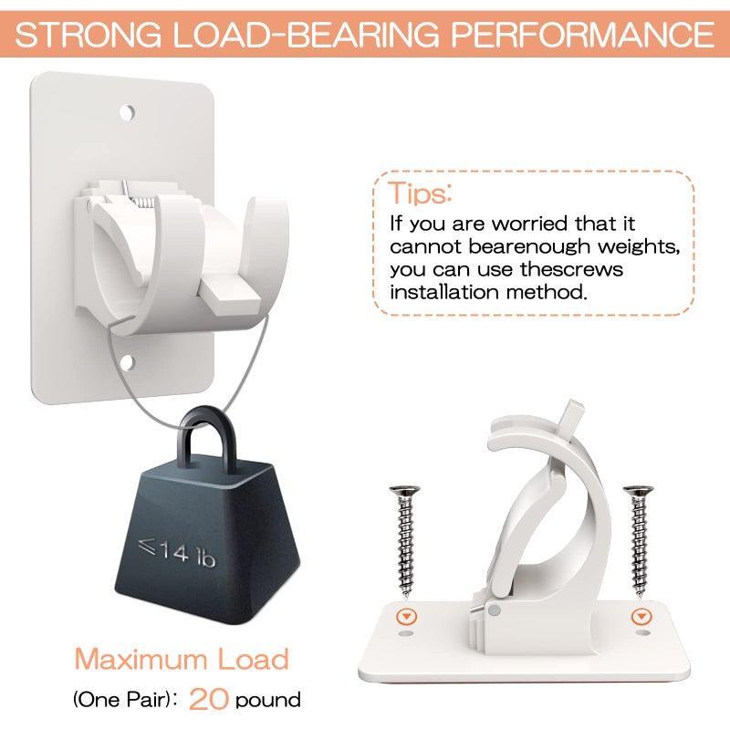 Wabboreq 4PCS No Drill Curtain Brackets, Self-Adhesive Rod Holders, Universal Plastic Nail Free Adjustable, Curtain Hooks for Rods Less Than 1.57 Inch Diameter (White) - Image 3