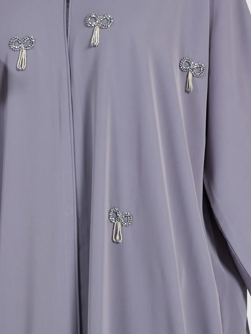 Reem Abayas Women's Grey Abaya with Ribbon Bow Embellishments