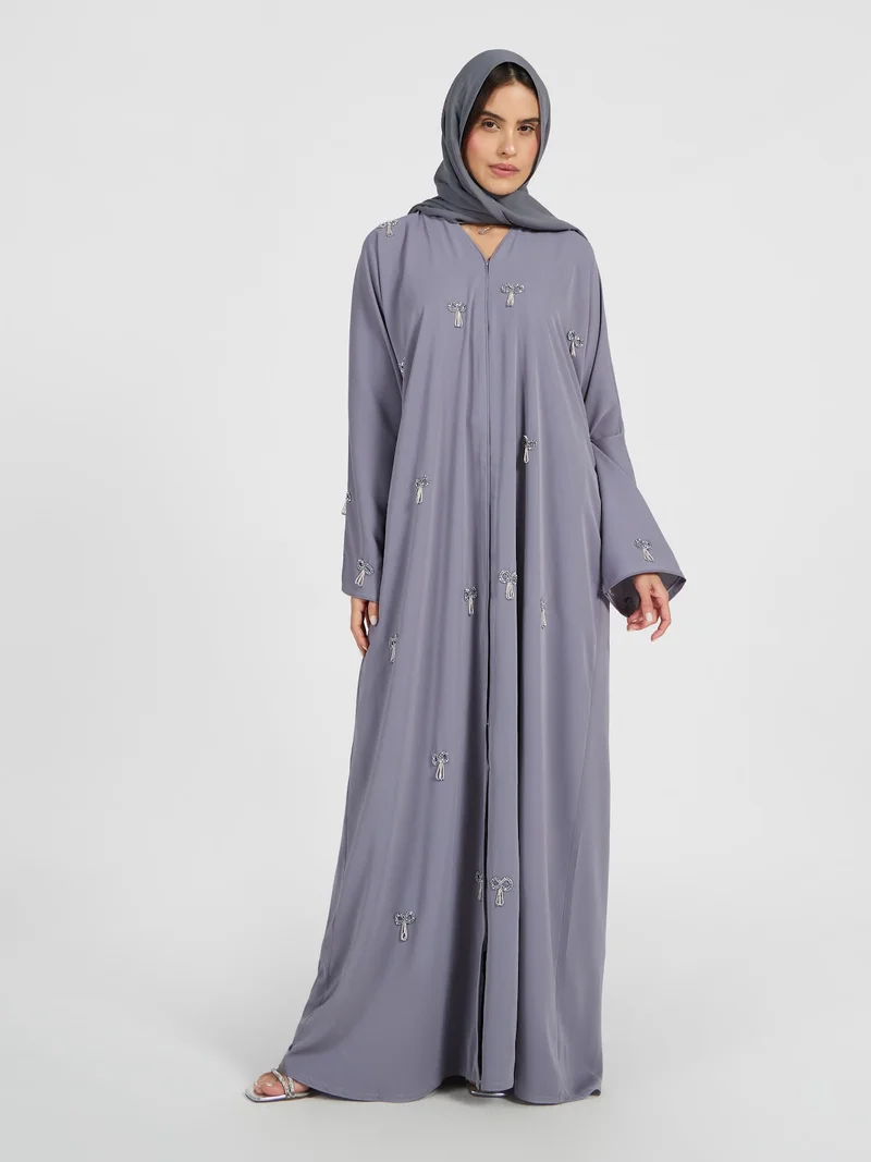 Women's Grey Abaya with Ribbon Bow Embellishments