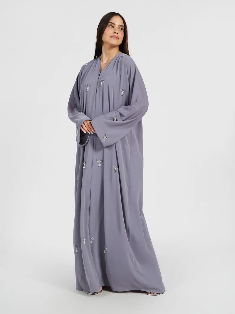 Reem Abayas Women's Grey Abaya with Ribbon Bow Embellishments