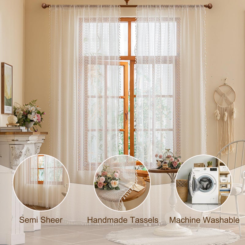 Sutuo Home Boho Lace Curtains 84 Inches Long for Bedroom&Living Room, Bohemian Crochet Privacy Farmhouse Vintage Chic Tassels Ivory Retro Window Sheer Curtains Decor Rod Pocket, 2 Panels 50" W,White - Image 2