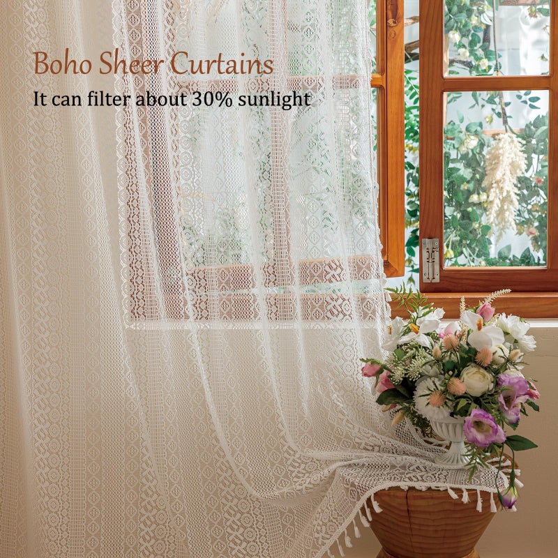 Sutuo Home Boho Lace Curtains 84 Inches Long for Bedroom&Living Room, Bohemian Crochet Privacy Farmhouse Vintage Chic Tassels Ivory Retro Window Sheer Curtains Decor Rod Pocket, 2 Panels 50" W,White - Image 3