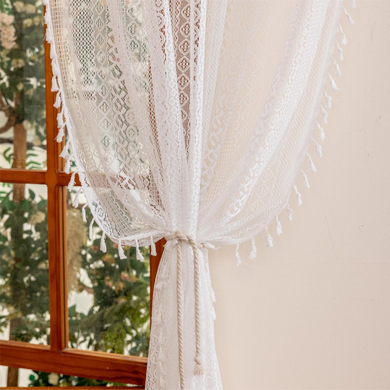 Sutuo Home Boho Lace Curtains 84 Inches Long for Bedroom&Living Room, Bohemian Crochet Privacy Farmhouse Vintage Chic Tassels Ivory Retro Window Sheer Curtains Decor Rod Pocket, 2 Panels 50" W,White - Image 4