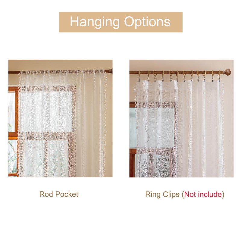 Sutuo Home Boho Lace Curtains 84 Inches Long for Bedroom&Living Room, Bohemian Crochet Privacy Farmhouse Vintage Chic Tassels Ivory Retro Window Sheer Curtains Decor Rod Pocket, 2 Panels 50" W,White - Image 5