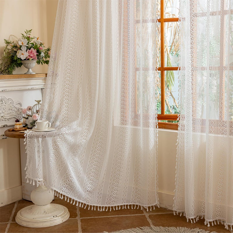Sutuo Home Boho Lace Curtains 84 Inches Long for Bedroom&Living Room, Bohemian Crochet Privacy Farmhouse Vintage Chic Tassels Ivory Retro Window Sheer Curtains Decor Rod Pocket, 2 Panels 50" W,White - Image 1