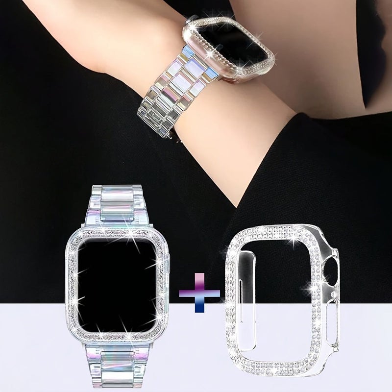 For Apple Watch Strap Compatible With Ultra 3 2 1 SE S10 S9 S8 S7 S6 S5 S4 S3 S2 S1 Series 40mm Mixed Color 1 Iridescent Resin Transparent Case 2pcs Set - Image 4