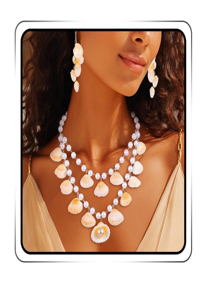 JONKY Seashell Necklace Earrings Set Pearl Beach Wedding Jewelry Sets for Bride and Women - Image 1