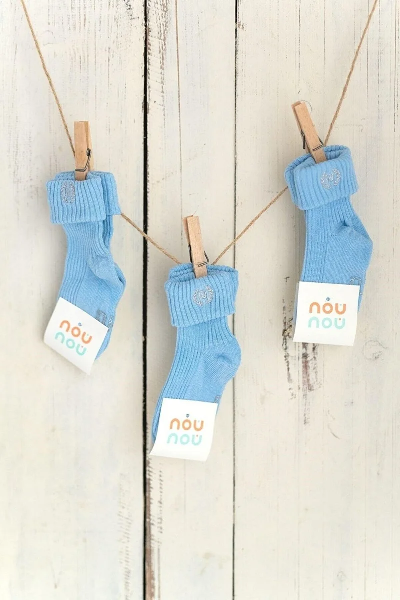 ماما يويو Nou Nou 3-Pack Blue Baby Kids Embroidered Socks
