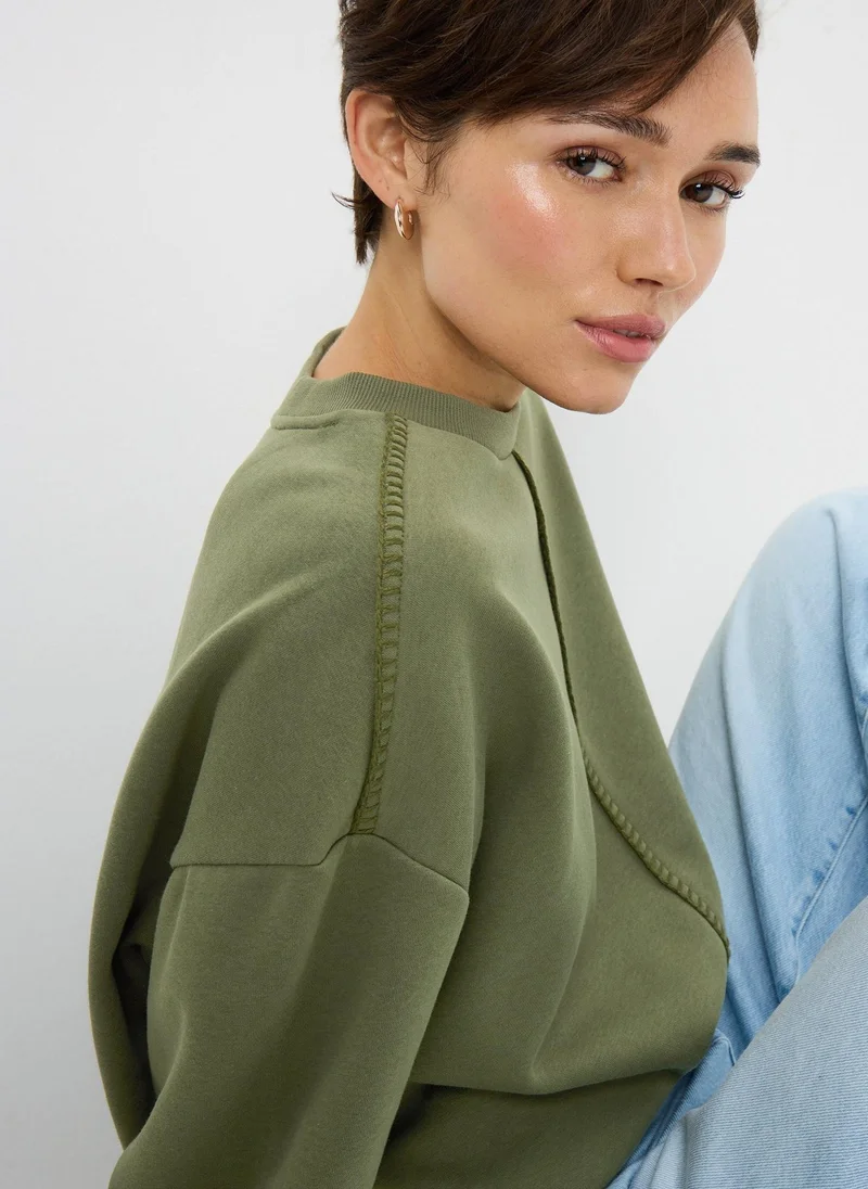 ماتلان كنزة قطنية بخياطة بطانية كاكي