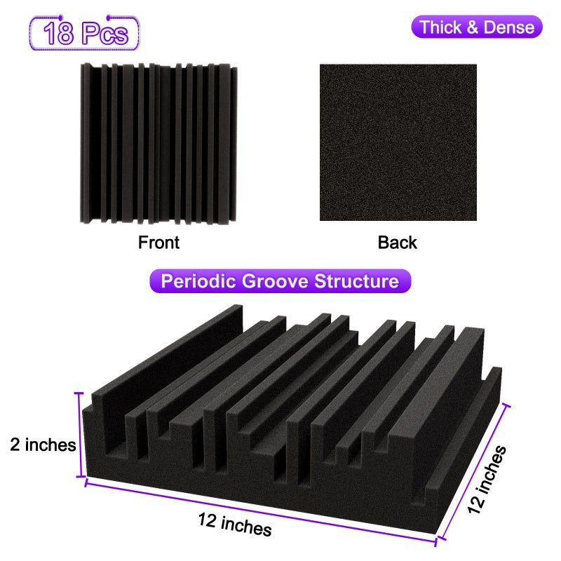 TroyStudio Thick Acoustic Foam Panels, 12 X 12 X 2 Inch 18 Pcs Broadband Sound Absorbing Foam, Dense Soundproof Padding Tile, Recording Studio Foam Absorber, Groove Decorative 3D Wall Ceiling Panel - Image 2