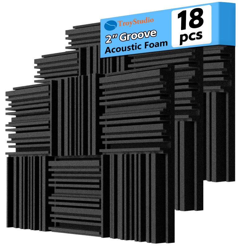 TroyStudio Thick Acoustic Foam Panels, 12 X 12 X 2 Inch 18 Pcs Broadband Sound Absorbing Foam, Dense Soundproof Padding Tile, Recording Studio Foam Absorber, Groove Decorative 3D Wall Ceiling Panel - Image 1