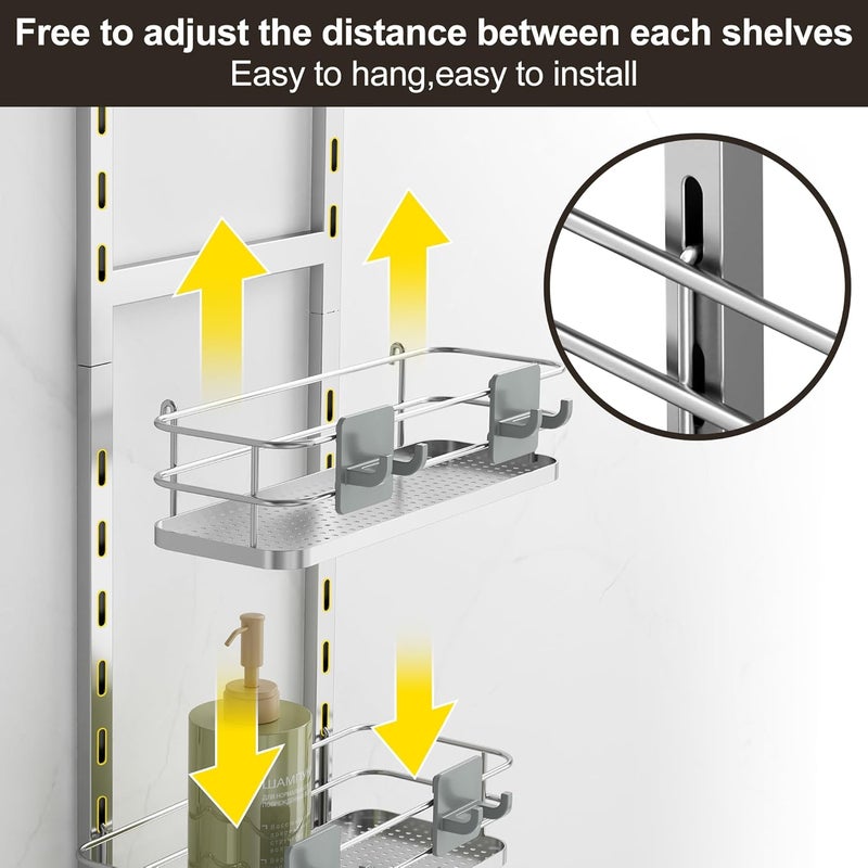Orimade Adjustable Hanging Over the Shower Door Caddy,Bathroom Organizer Shelf Storage with 4 Hooks for Razor,No Drilling Rustproof Shower Rack Basket, 4 Tier, Silver - Image 2