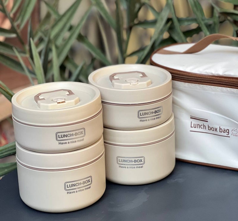 4-Piece Thermal Insulated Lunch Box Set with Travel Cooler Bag - 2x 420ml & 2x 550ml Containers, Beige - Image 1