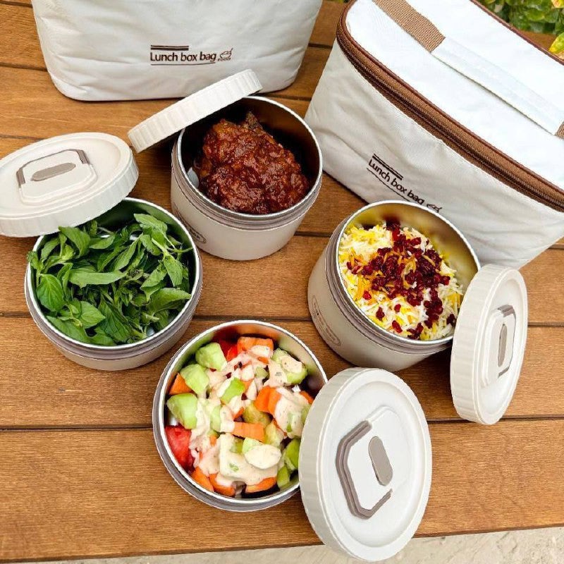 4-Piece Thermal Insulated Lunch Box Set with Travel Cooler Bag - 2x 420ml & 2x 550ml Containers, Beige - Image 2