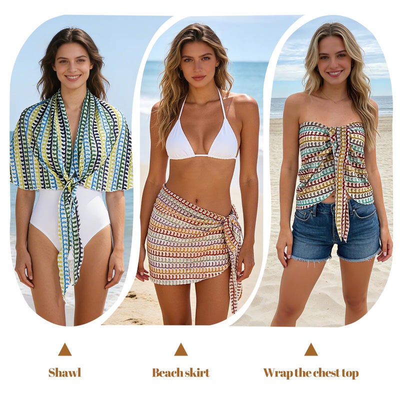 FeelfunFeather Swimsuit Coverup for Women, Beach Vacation Sarong Wraps Skirt Sheer Bikini Cover Up - Light Color Block - Image 5