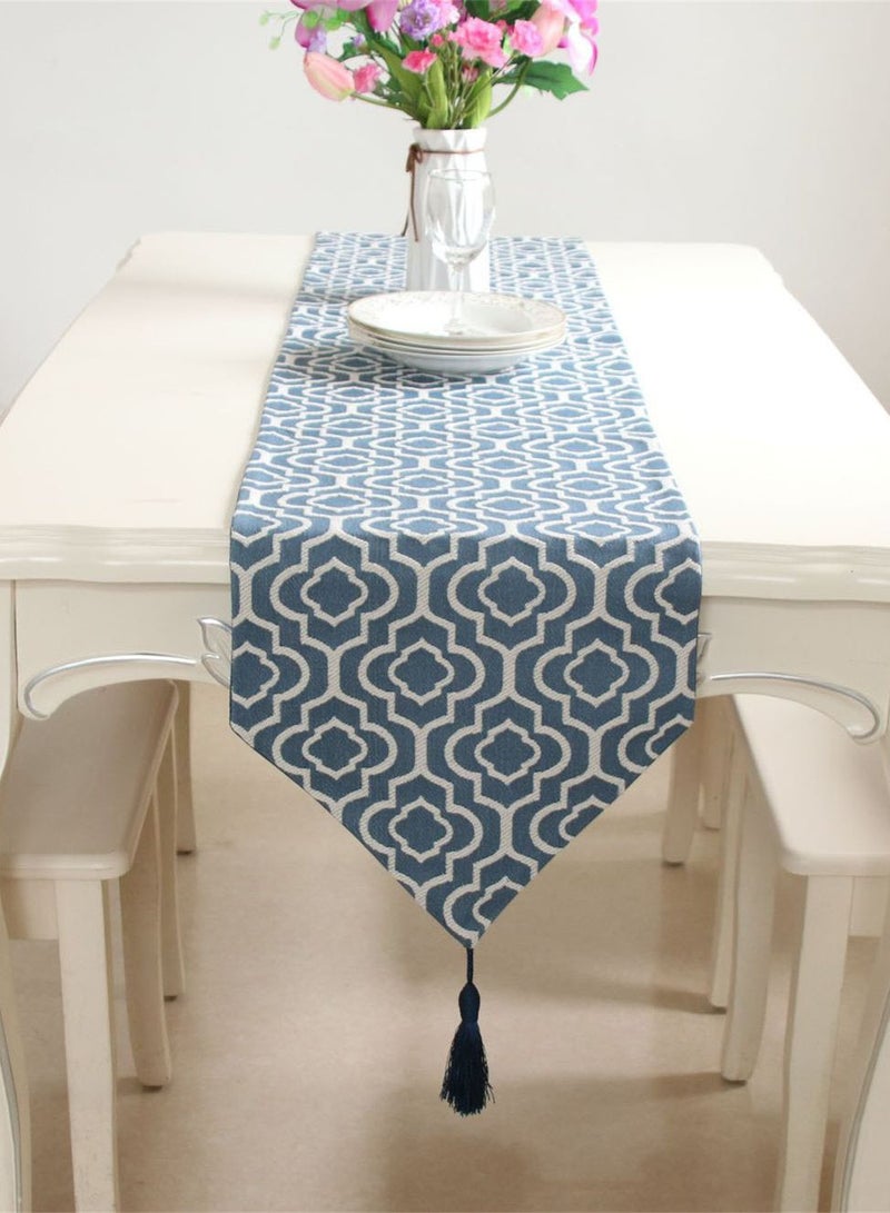 Geometric Table Runner with Tassels, Blue and White Pattern, Modern Dining Room Decor（32X180CM）  - Image 1