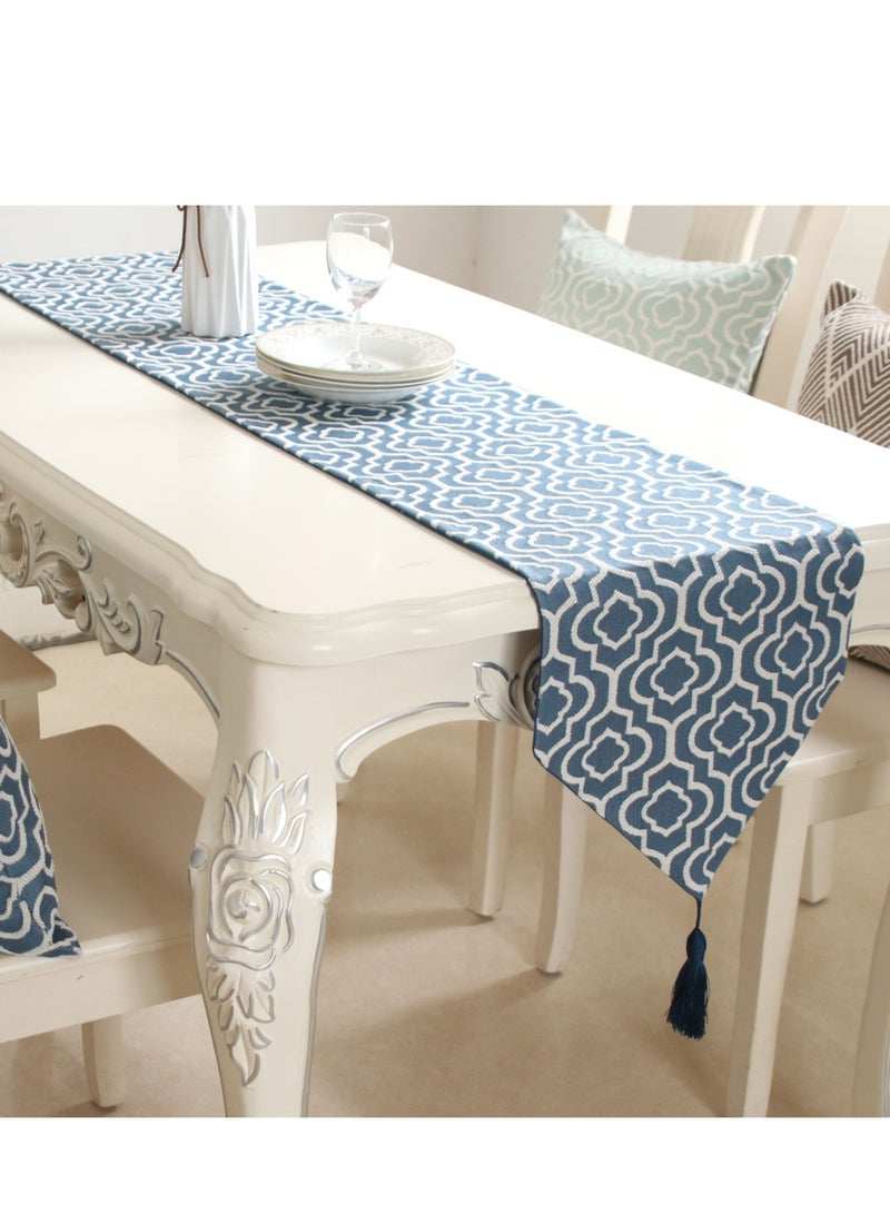 Geometric Table Runner with Tassels, Blue and White Pattern, Modern Dining Room Decor（32X180CM）  - Image 3