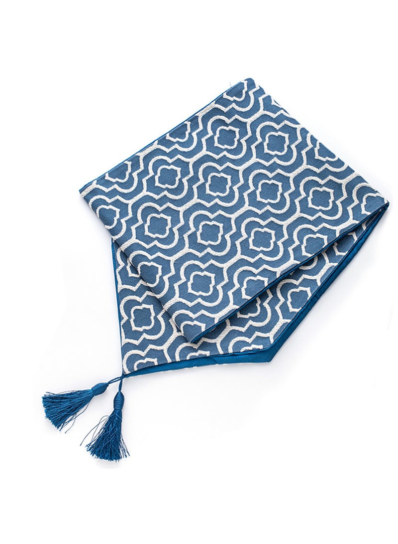 Geometric Table Runner with Tassels, Blue and White Pattern, Modern Dining Room Decor（32X180CM）  - Image 4