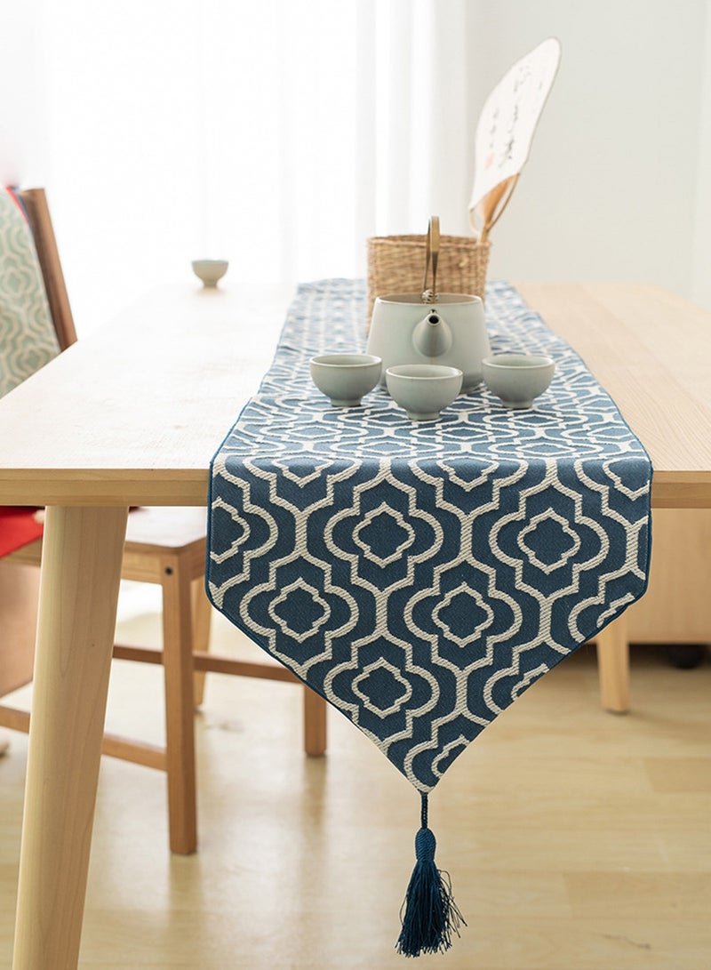 Geometric Table Runner with Tassels, Blue and White Pattern, Modern Dining Room Decor（32X180CM）  - Image 5