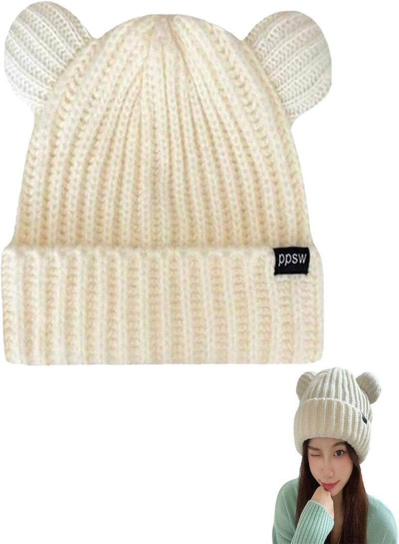 GGOOT Womens Winter Warm Cute Cat, Ears Beanie Hat Thermal Knit Crochet Braided Fashion Hats, Soft Ski Snowboard Hat Double Faux Fur Bobble Pom Cat Hat, for Girls Ladies Valentines Gifts - Image 1