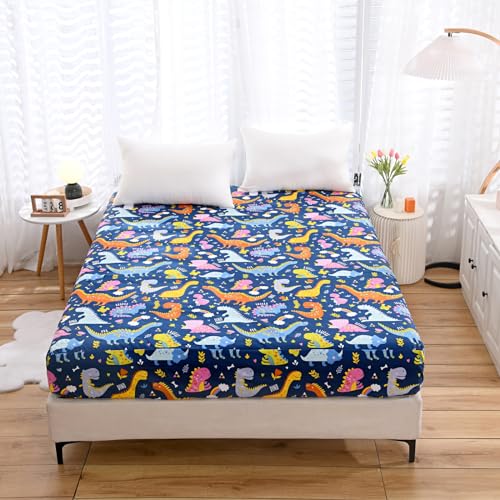 NATURETY Bedding Fitted Sheet with Deep Pocket for Boys Girls Twin Bed,Dino Printed Thicken Fabric Bed Sheets (Navy Blue(Dinosaur), Twin) - Image 2