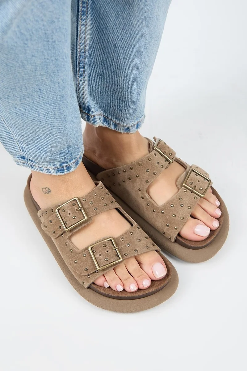 Manijero Manijero (Sude) Women's Genuine Leather Double Buckle Mink Slippers