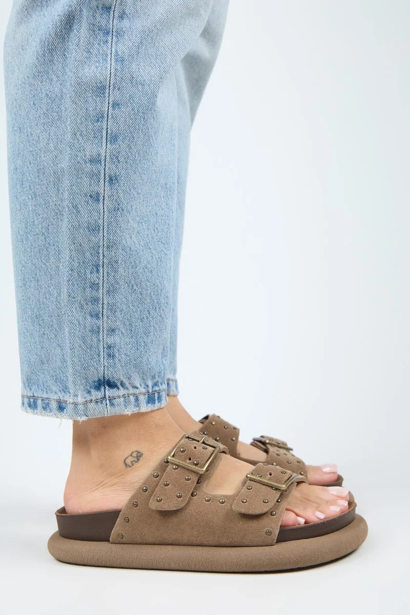Manijero Manijero (Sude) Women's Genuine Leather Double Buckle Mink Slippers