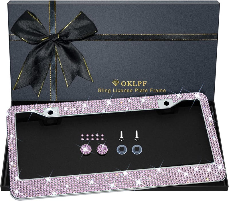 OKLPF Bling License Plate Frame for Women, Sparkly Stainless Steel License Plate Frames| Over 1200 pcs 14 Facets Bedazzled Clear Glass Diamond Rhinestone Crystals w/Free Glitter Diamond 1PCS Box (Pink) Batch consistent craftsmanship - Image 1