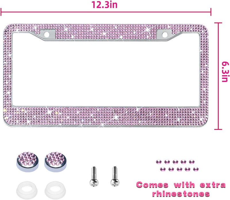OKLPF Bling License Plate Frame for Women, Sparkly Stainless Steel License Plate Frames| Over 1200 pcs 14 Facets Bedazzled Clear Glass Diamond Rhinestone Crystals w/Free Glitter Diamond 1PCS Box (Pink) Batch consistent craftsmanship - Image 2