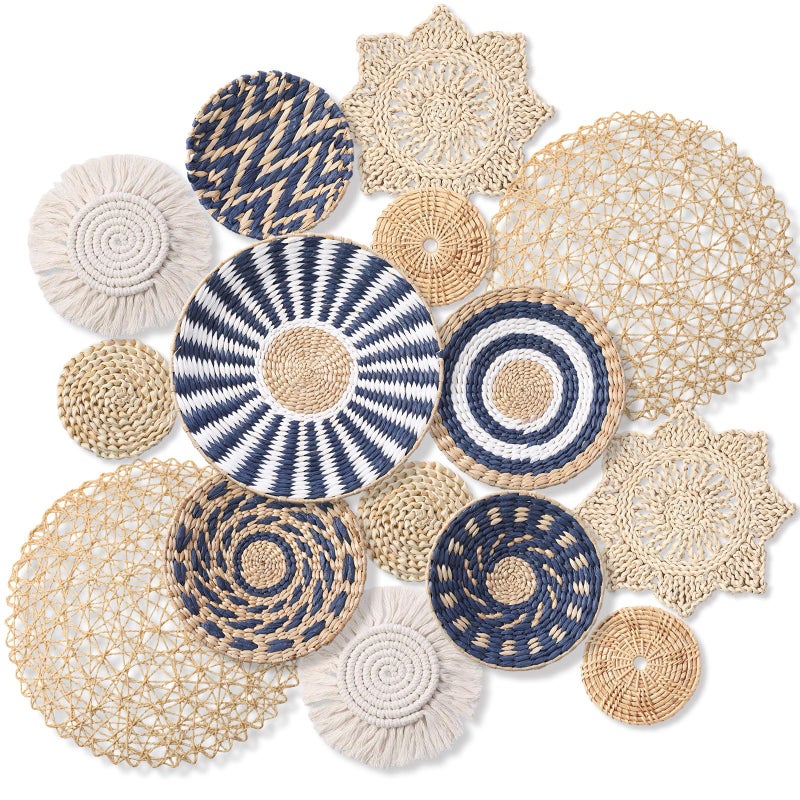 Anglechic 15 Pcs Boho Wall Basket Decor Woven Rattan Seagrass Wall Decor Hanging Rustic Farmhouse Western Art Decoration for Nursery Living Room Bedroom Home Kitchen(Blue Style) - Image 1