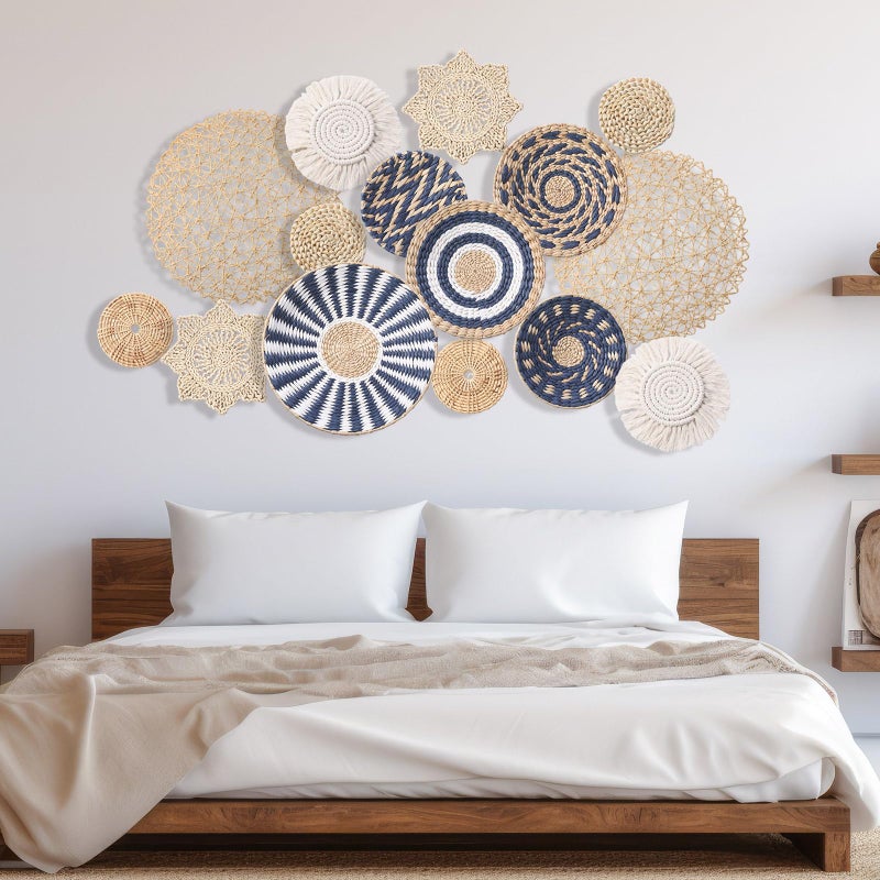 Anglechic 15 Pcs Boho Wall Basket Decor Woven Rattan Seagrass Wall Decor Hanging Rustic Farmhouse Western Art Decoration for Nursery Living Room Bedroom Home Kitchen(Blue Style) - Image 4
