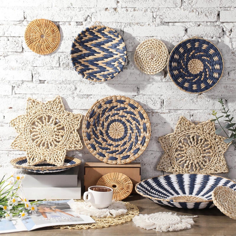 Anglechic 15 Pcs Boho Wall Basket Decor Woven Rattan Seagrass Wall Decor Hanging Rustic Farmhouse Western Art Decoration for Nursery Living Room Bedroom Home Kitchen(Blue Style) - Image 2