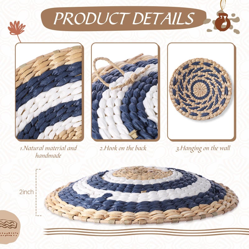 Anglechic 15 Pcs Boho Wall Basket Decor Woven Rattan Seagrass Wall Decor Hanging Rustic Farmhouse Western Art Decoration for Nursery Living Room Bedroom Home Kitchen(Blue Style) - Image 5