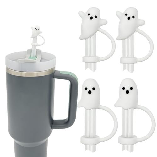 LUOLAO Cute Ghost Straw Covers Cap Compatible with Stanley Cup 30 40 oz, 4PCS Silicone Reusable Drinking Straw Topper, Funny Tumbler Accessories Halloween Decorations Gifts Boo Basket Items Essentials - Image 1