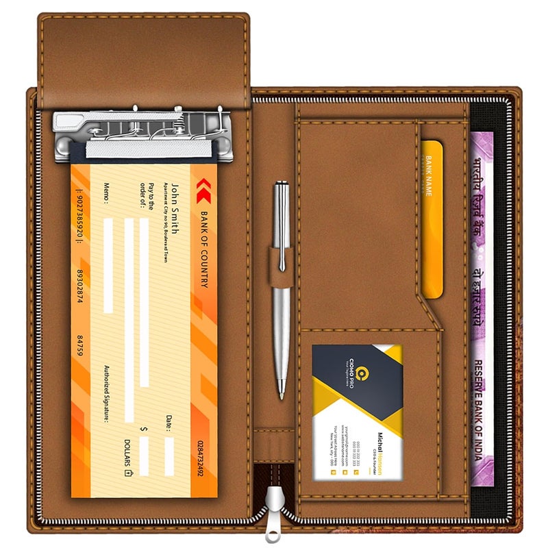 FEDUS Dual Brown Vegan Leather Expanding Handmade Multiple Cheque Book Holder for Cards, Women/Men Checkbook Wallet, Traveling Wallets, Documents Holder - Image 1