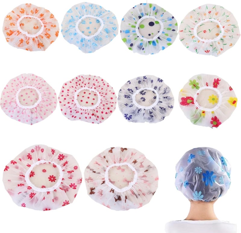 Pack of 10 Shower Caps, Waterproof Shower Caps, Women, Reusable Shower Cap for Girls, Women, Cosmetics, Home, Hotel, Travel