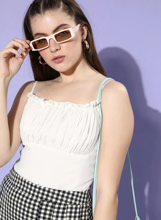 Mish Women White Sleeveless Ruched Top