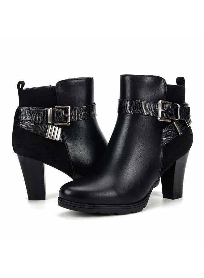 mysoft Women's Zipper Bootie Chunky Stacked Heel Ankle Boots Buckle Strap Ankle, Black, 8 - Image 1