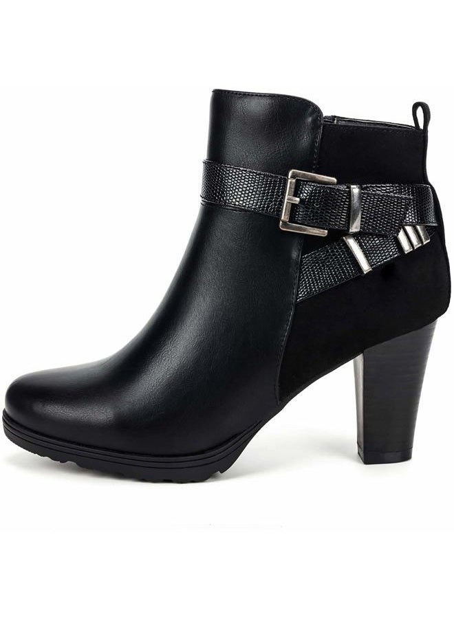 mysoft Women's Zipper Bootie Chunky Stacked Heel Ankle Boots Buckle Strap Ankle, Black, 8 - Image 3