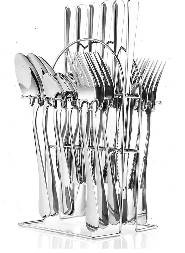 هدايا العيد الوطني! طقم أدوات مائدة عائلي كبير، طقم أدوات مائدة فاخر من الفولاذ المقاوم للصدأ مكون من 24 قطعة (مع حامل) - طقم أدوات مائدة فاخر للمطعم، هدية مثالية للمنزل والبيت (6 شوك، 6 ملاعق، 6 سكاكين، 6 ملاعق صغيرة) غير قابل للبهتان، قابل للتنظيف في غسالة الأطباق، مثالي للمطبخ والمنزل 32*16*14 سم - Image 1