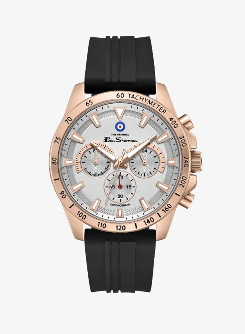 Ben Sherman Liverpool  White Dial Black Silicone Strap Chronograph Watch for Men, 44mm