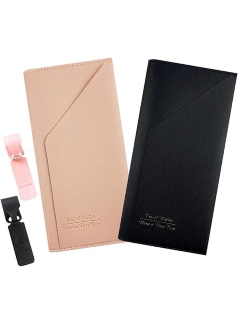 SYOSI Passport Holder & Long Leather Hanging Luggage Tags Set, Travel Wallet for Identification, Credit Cards & Tickets, Durable Leather Case for Organizing Travel Essentials (2 Pcs,Pink and Black) - Image 1