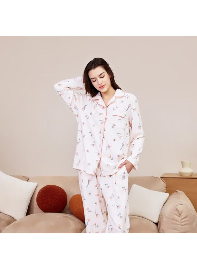 Meibiao New Spring Autumn Women's 100% Cotton Knit Long Sleeve Pajama Set Light Pink M - Image 5