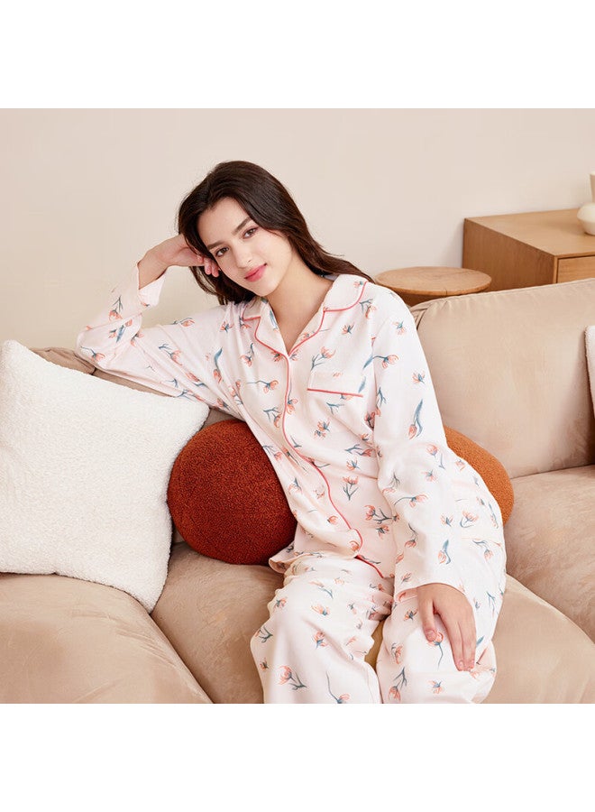 Meibiao New Spring Autumn Women's 100% Cotton Knit Long Sleeve Pajama Set Light Pink M - Image 1