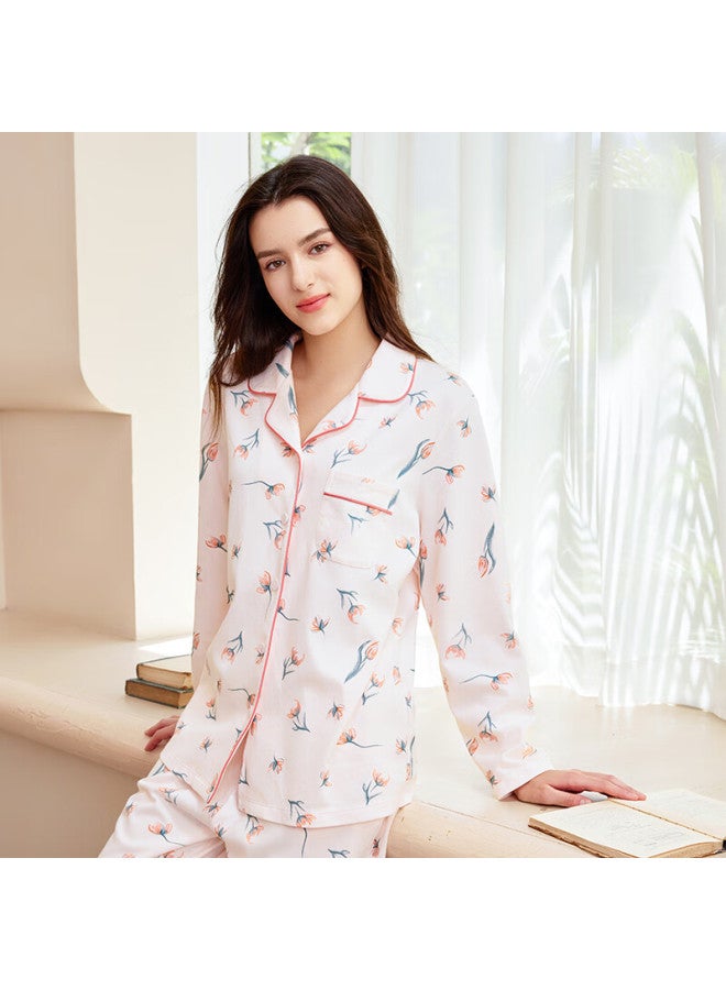 Meibiao New Spring Autumn Women's 100% Cotton Knit Long Sleeve Pajama Set Light Pink M - Image 2